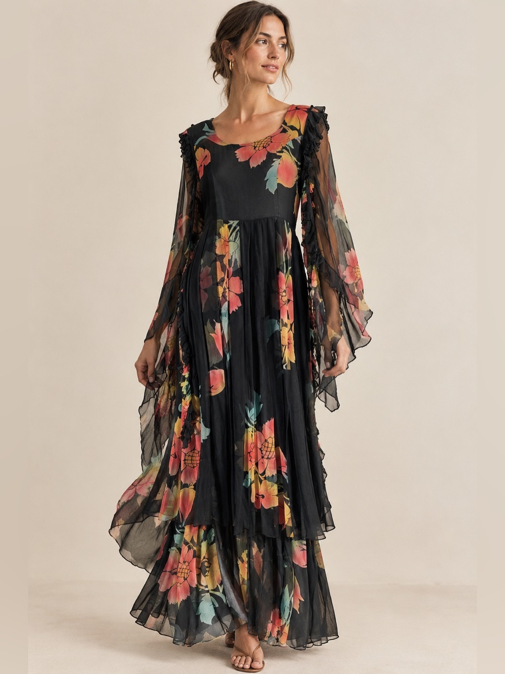 Vintage Thea Porter London Silk Floral 70s Boho Maxi Dress size 12